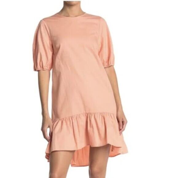Topshop | NWT | Pink/Peach Poplin Tiered Ruffle Hem Puff Sleeve Open Back Dress - Picture 2 of 7